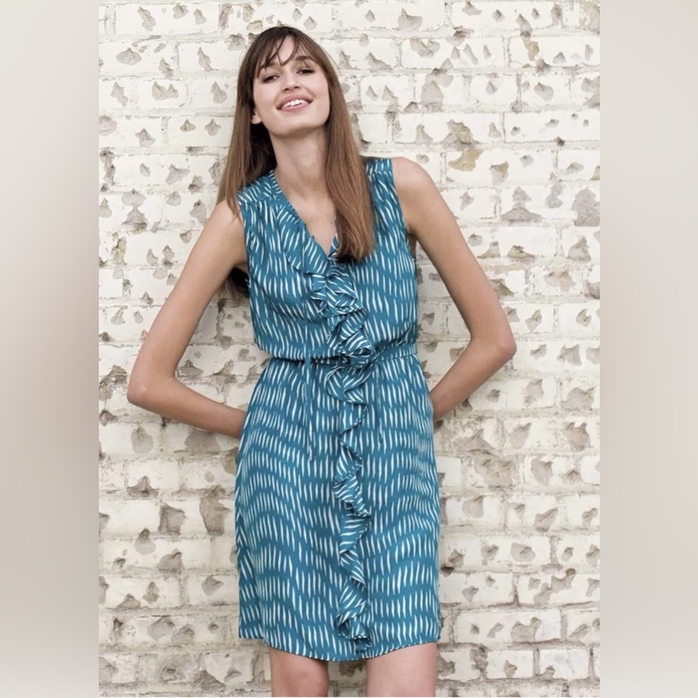 Anthropologie lil Sleeveless Aqua Waterfall Silk Dress w Cascading Front Ruffle